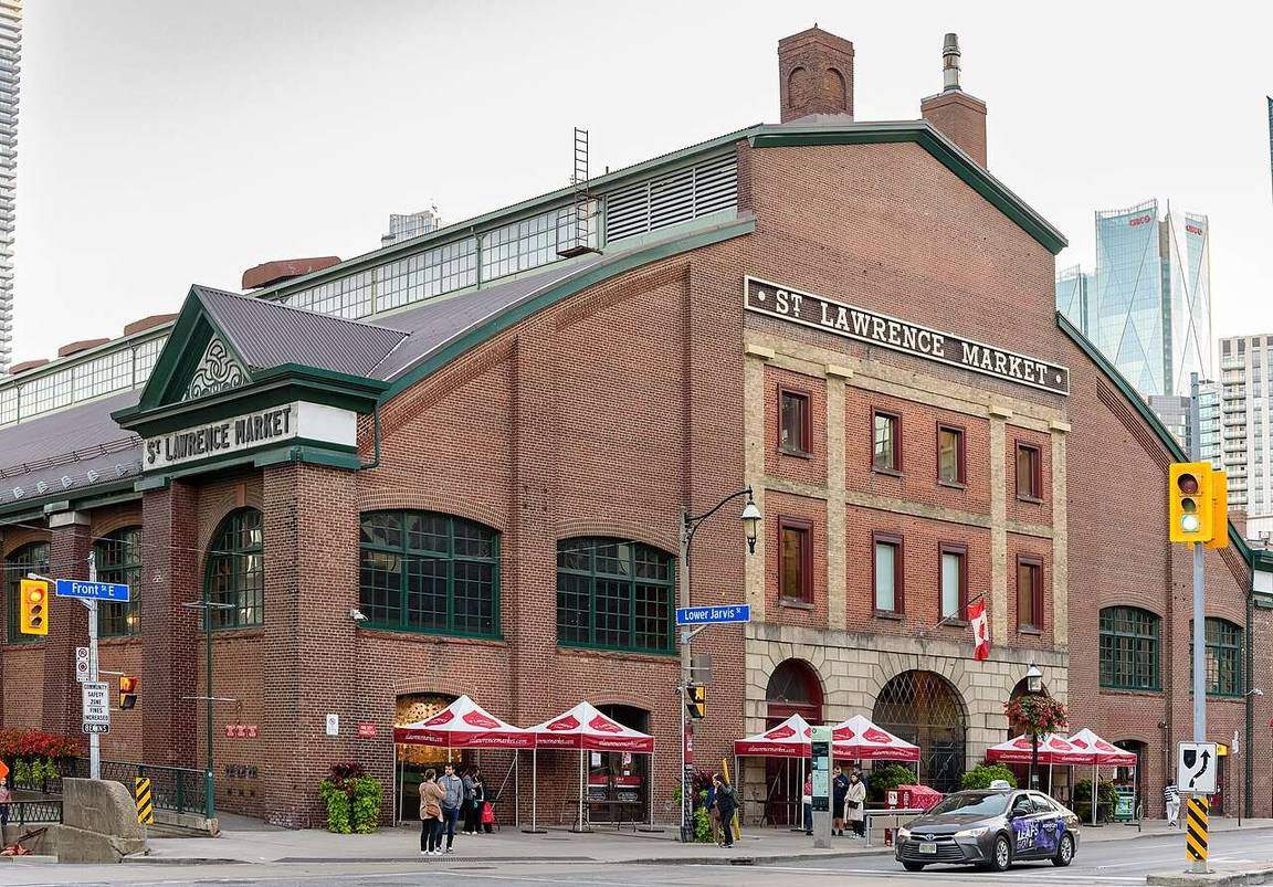 Red-brick exterior of St. Lawrence Market at Front Street East in Toronto