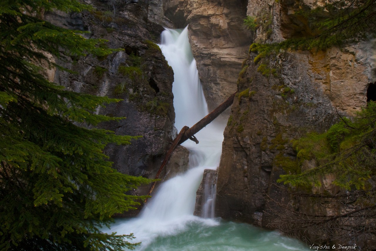 Water thundering through the Lower Falls catwalk at Johnston Canyon