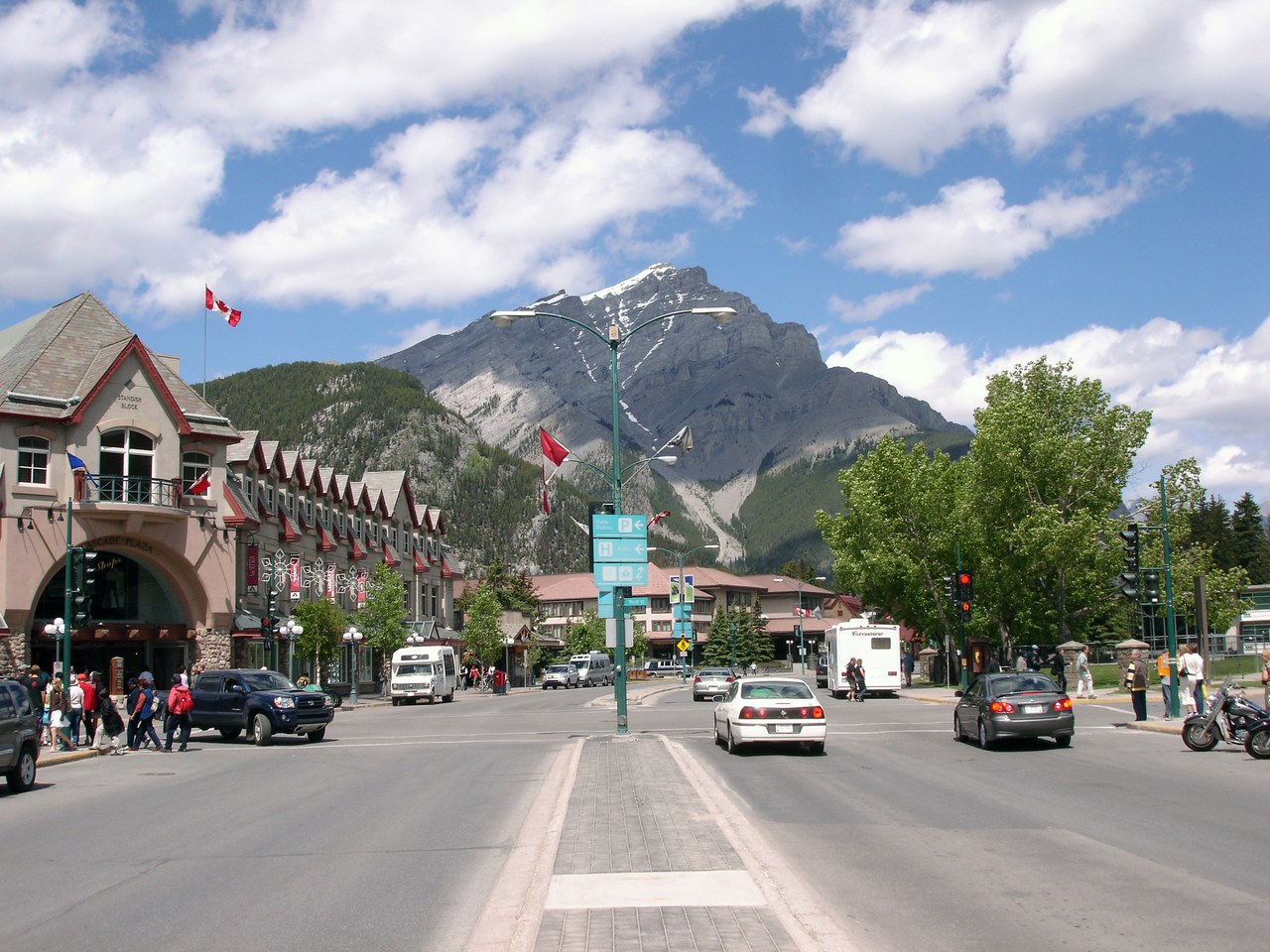 Banff Avenue in the Banff townsite with Cascade Mountain rising behind the rooftops