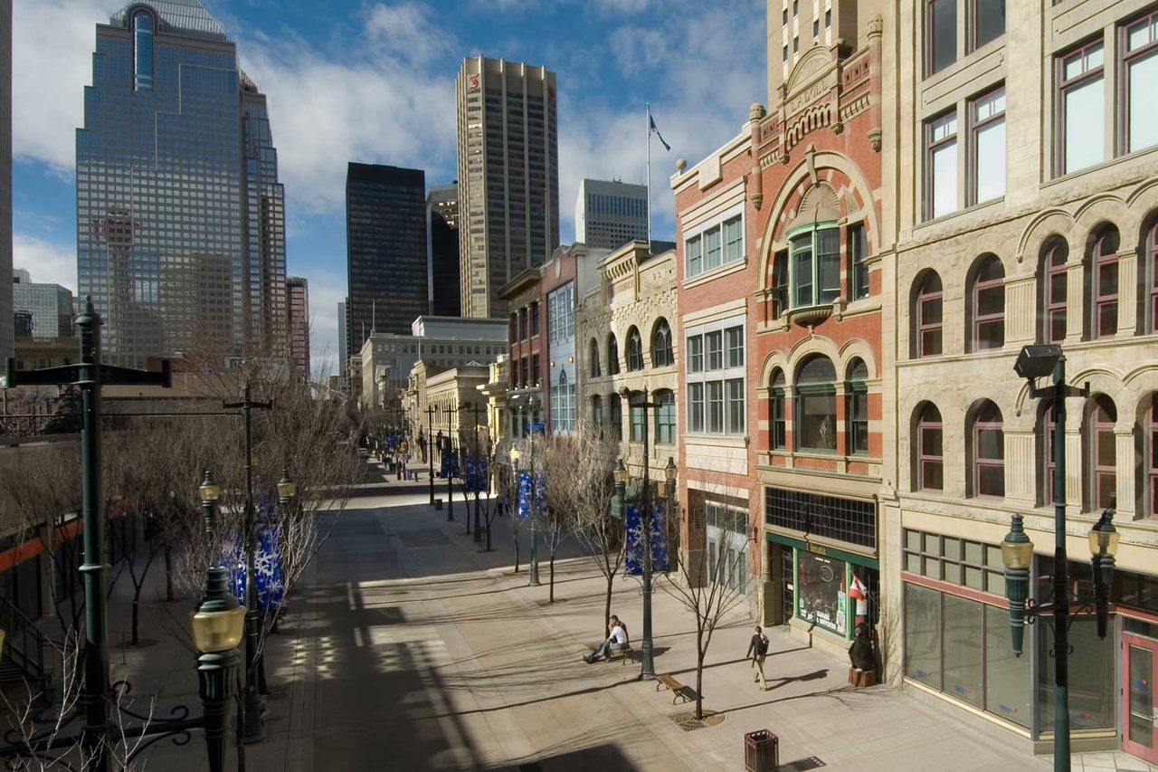Historic Stephen Avenue facades along the pedestrian-only 8th Avenue SW in Calgary