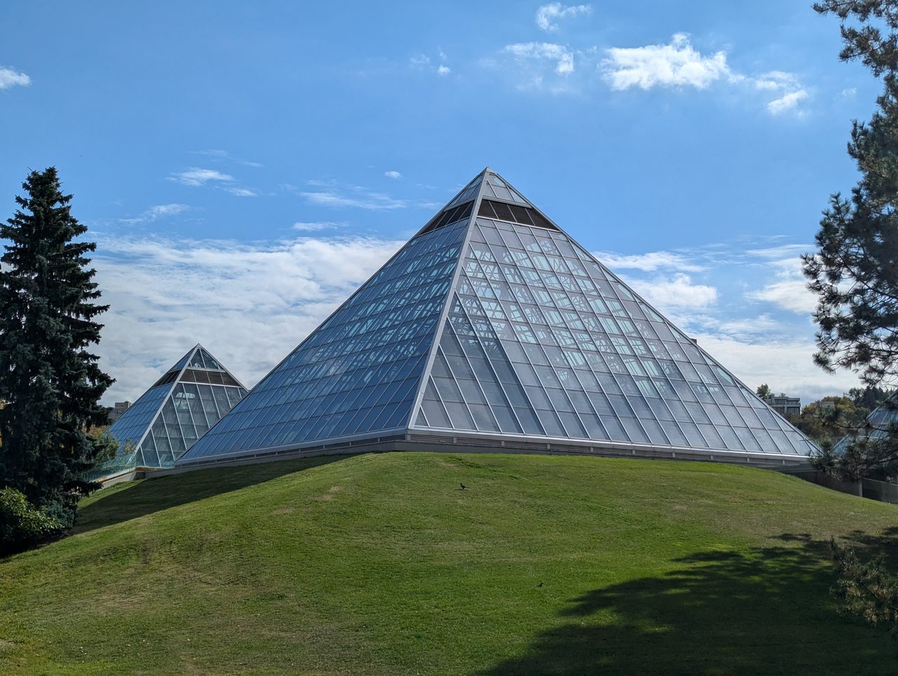 The four glass pyramids of the Muttart Conservatory in Edmonton's river valley