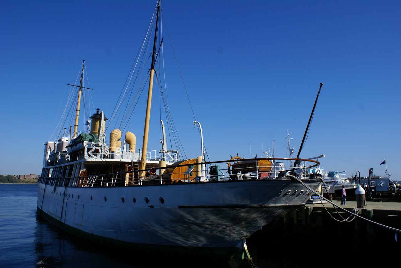 The historic steamship CSS Acadia docked at the Halifax waterfront near the Maritime Museum