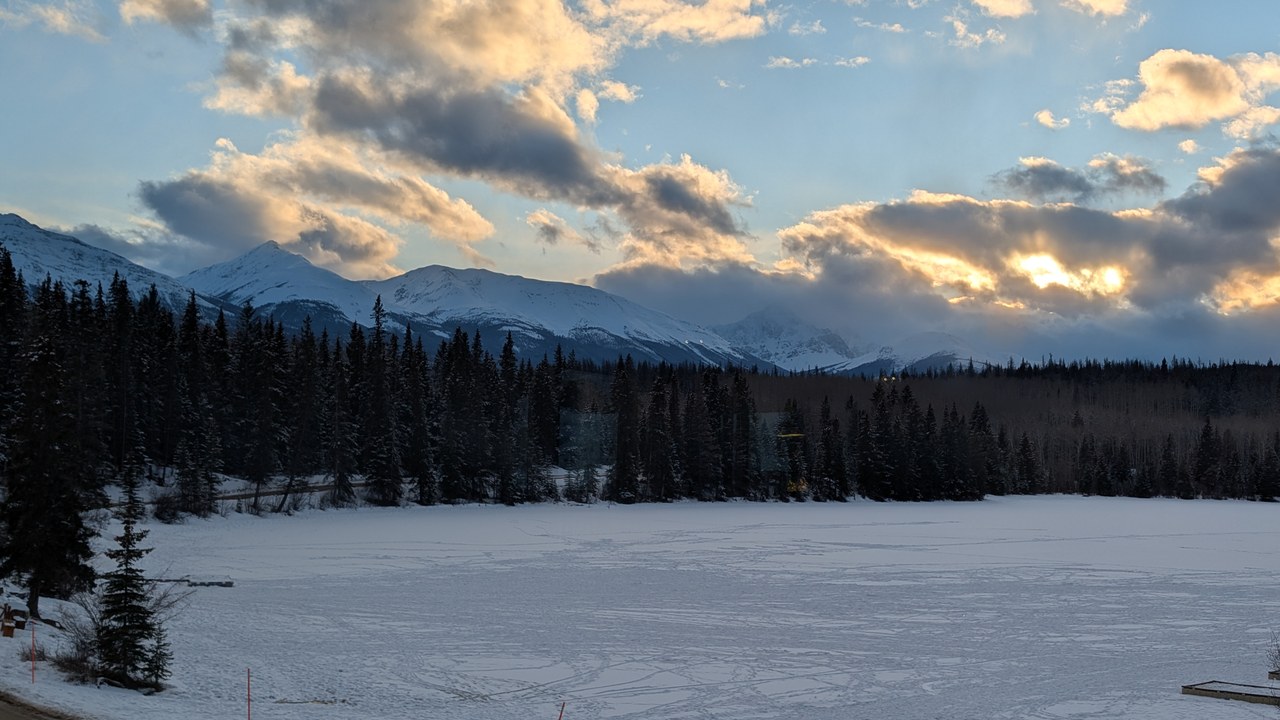 Panoramic view of Jasper townsite with Pyramid Mountain rising behind it