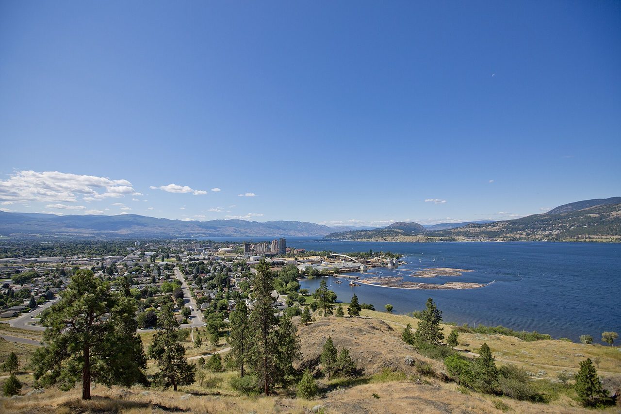 View of downtown Kelowna and Okanagan Lake from the slopes of Knox Mountain