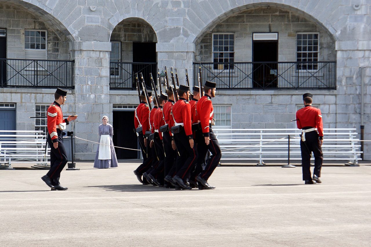 Fort Henry Guard members in 1860s uniforms during a practice drill