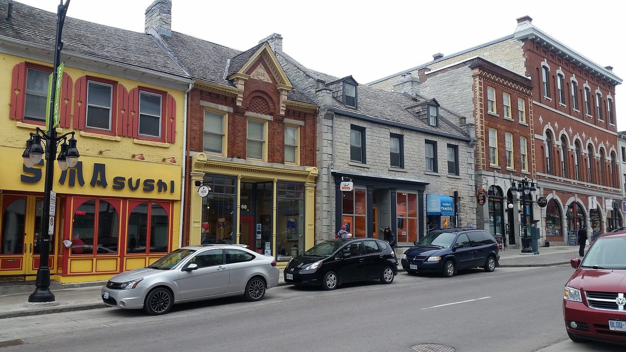 Historic limestone storefronts along Princess Street in downtown Kingston