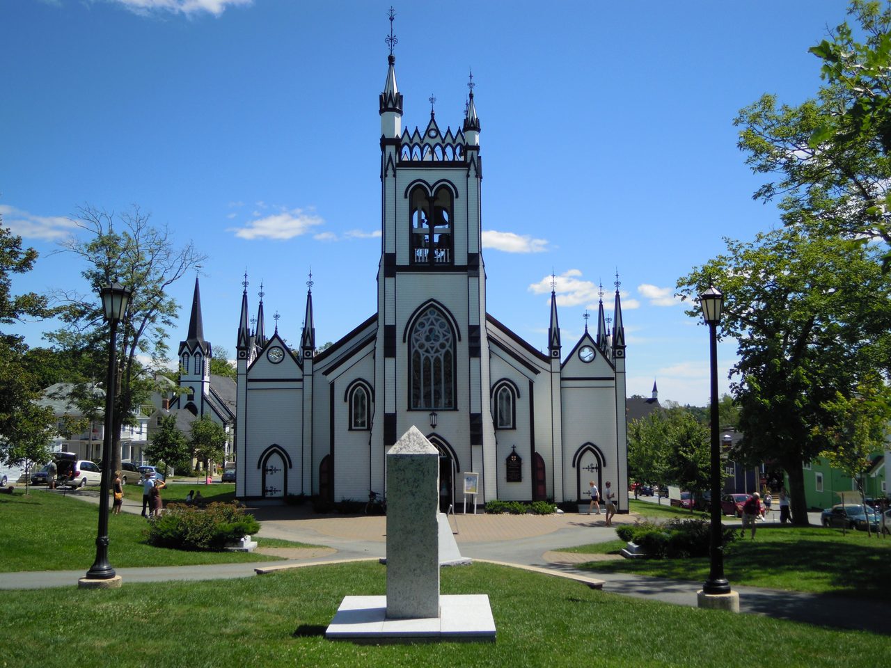 Black and white Carpenter Gothic facade of St. John's Anglican Church in Lunenburg