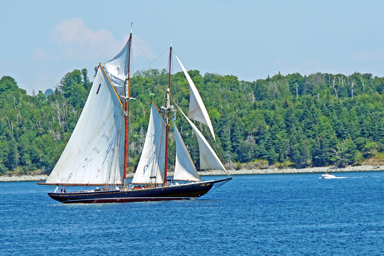 Bluenose II replica schooner under full sail with tall masts and canvas