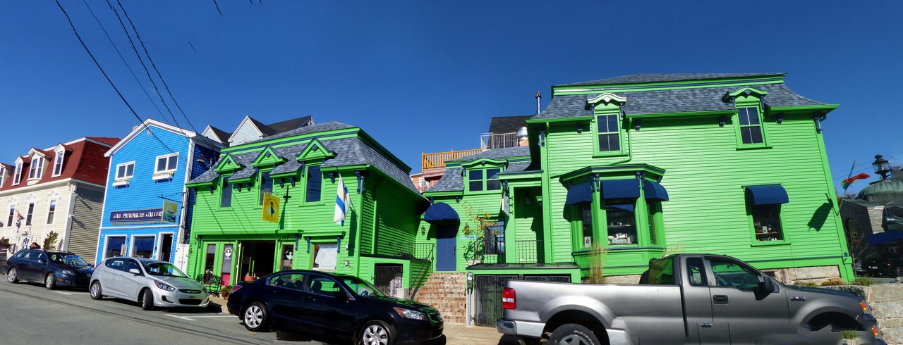 Montague Street shops and galleries stretching uphill in Lunenburg Old Town