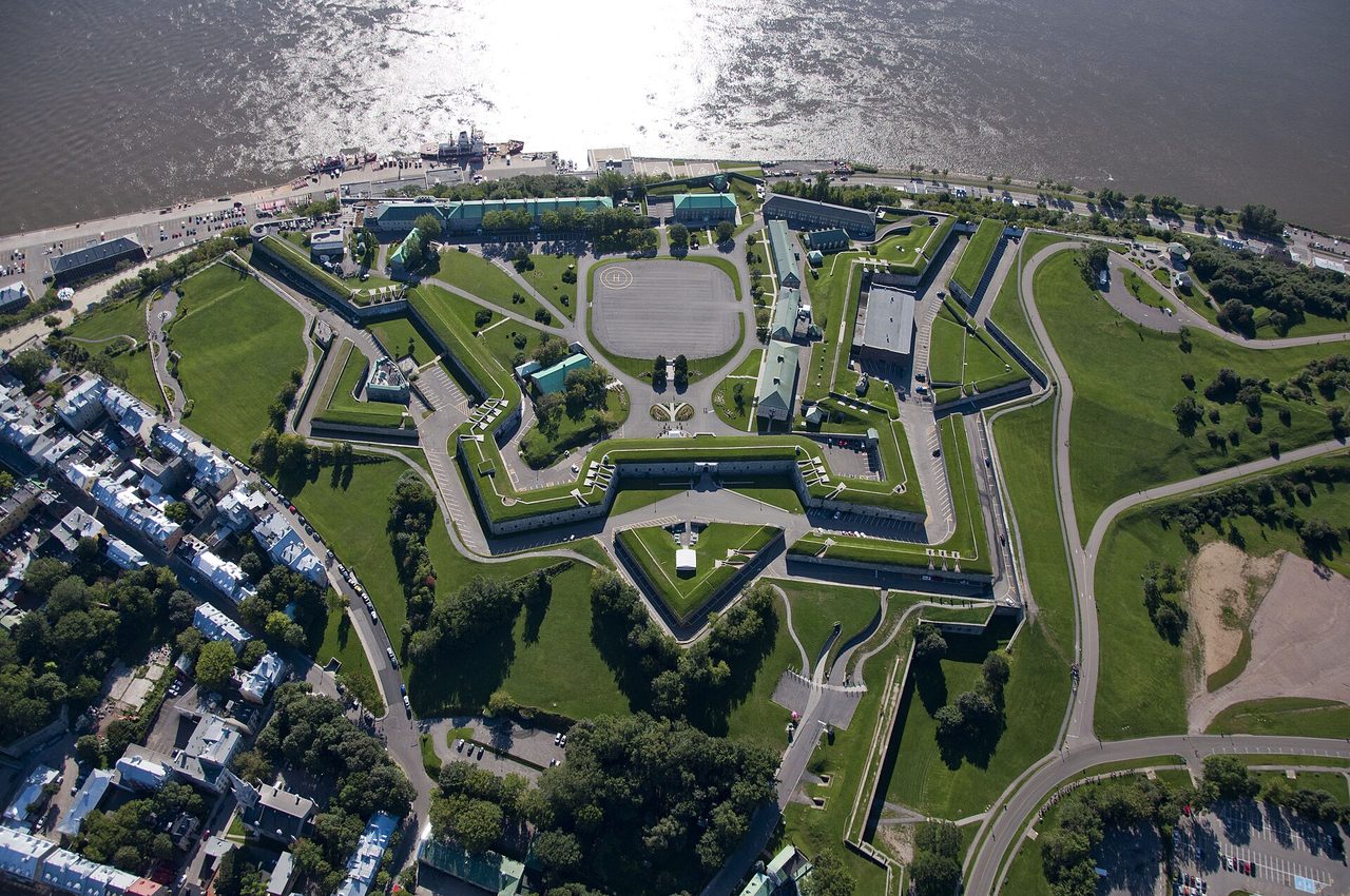 Aerial view of the star-shaped Citadelle de Québec fortress beside the St. Lawrence River