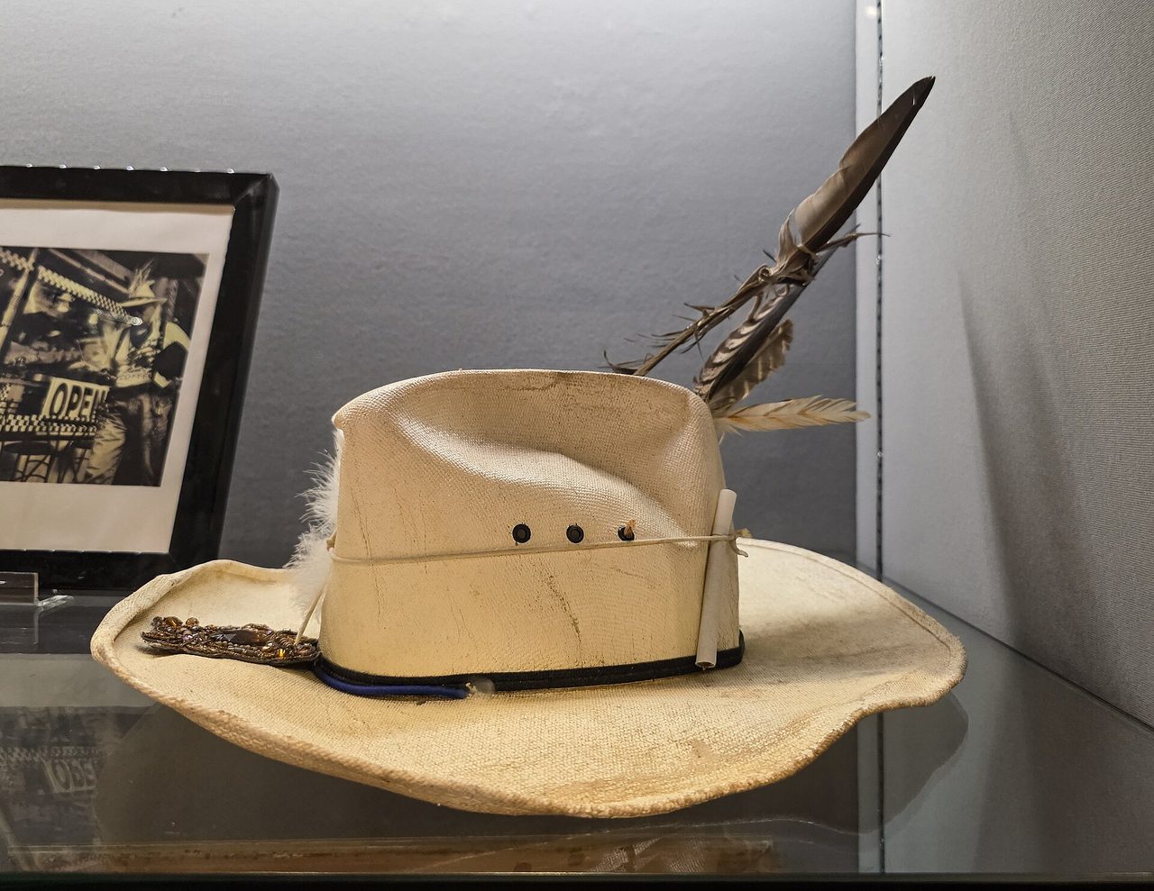 A feathered hat belonging to Ron LaDouceur on display inside the Chimczuk Museum