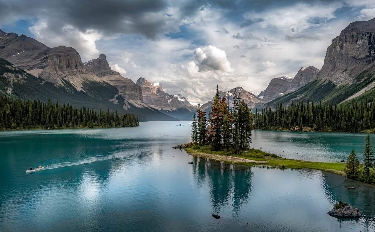 Spirit Island's iconic pine-topped point on Maligne Lake in Jasper National Park