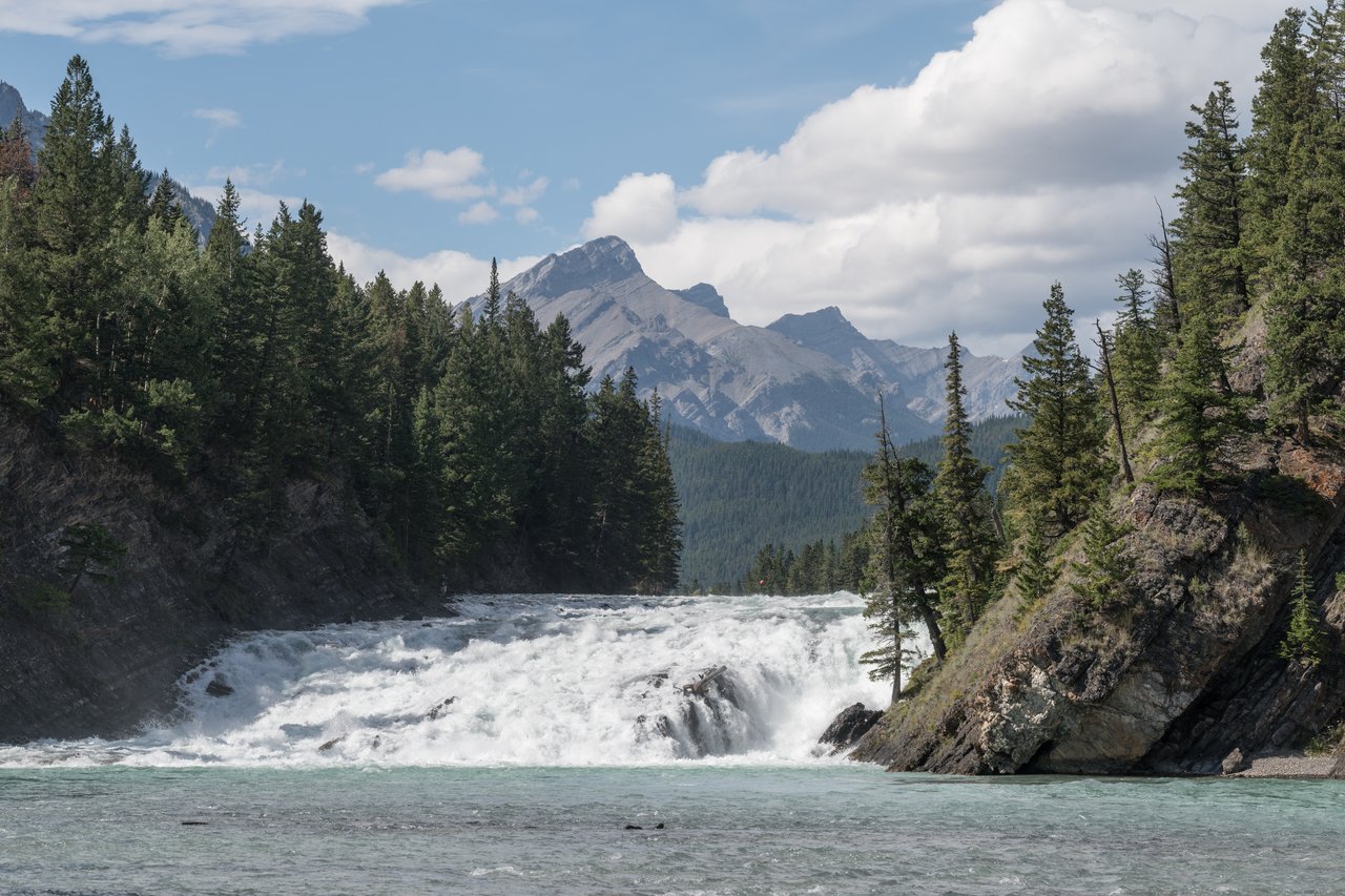 Bow Falls tumbling over wide rock ledges with forest on either side near Banff