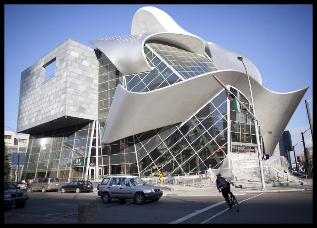 Curved zinc and glass exterior of the Art Gallery of Alberta on Sir Winston Churchill Square