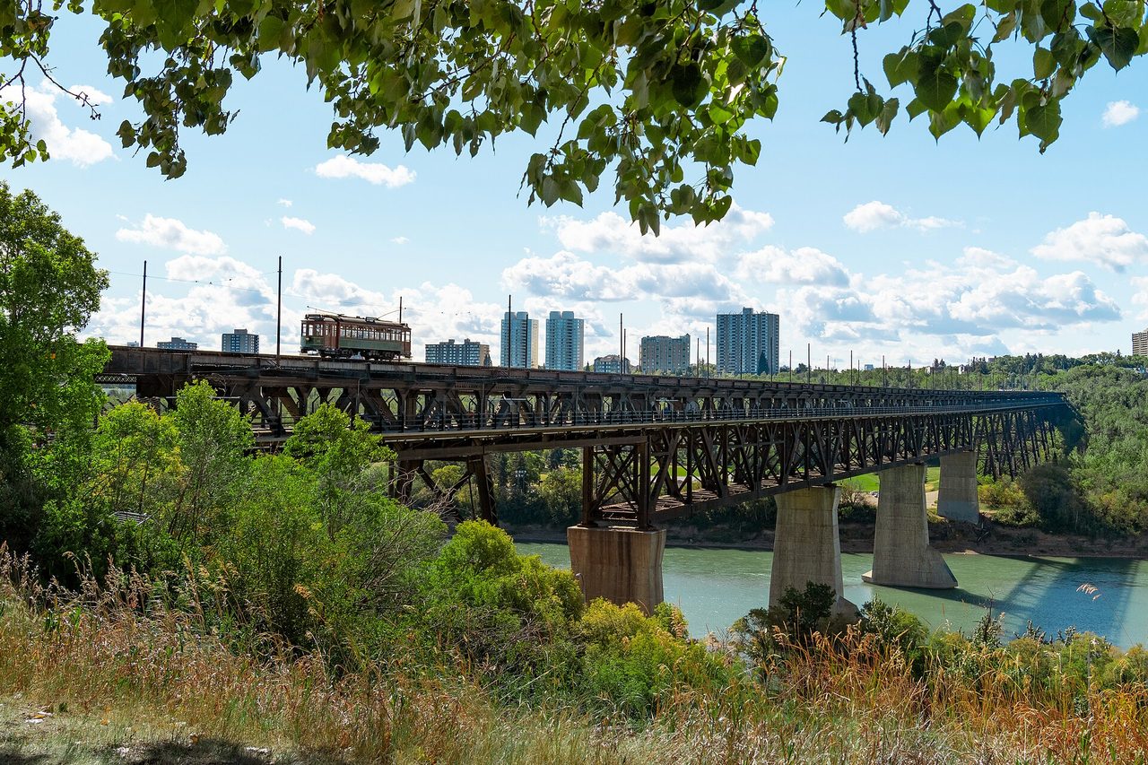 High Level Bridge spanning the North Saskatchewan River with Edmonton skyline at dusk