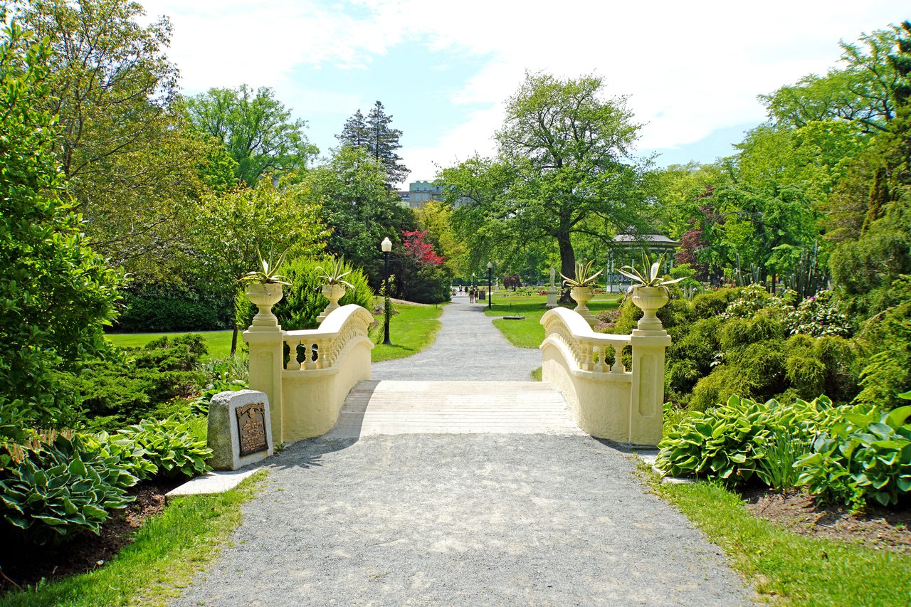 Ornamental bridge and lush plantings in the Halifax Public Gardens