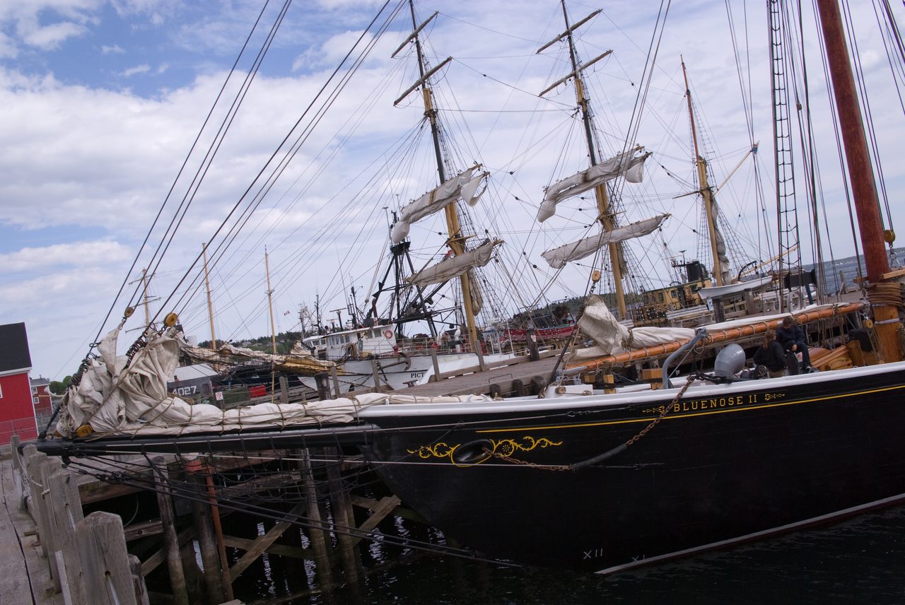Bluenose II sailing schooner docked in Lunenburg Harbour with full rigging
