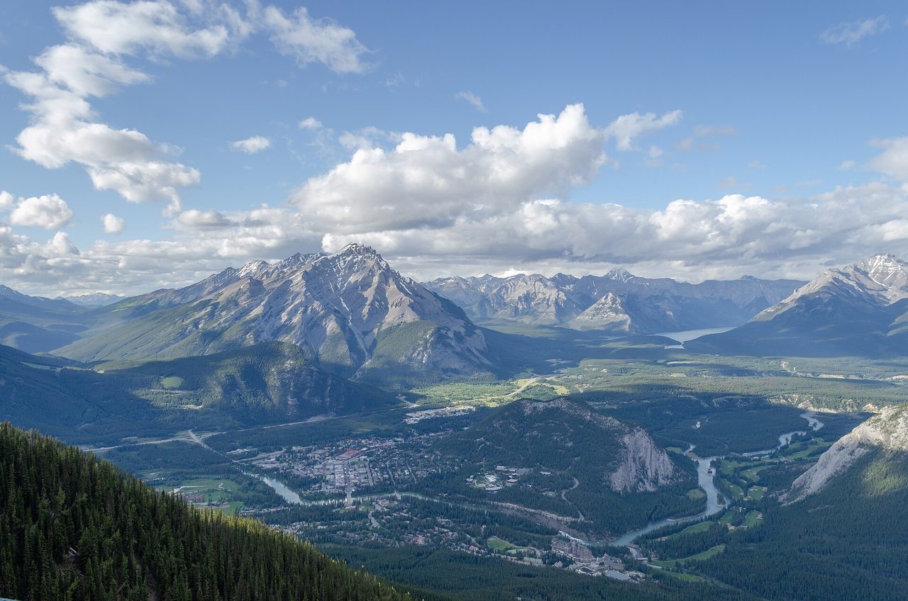 Looking down at the Bow Valley and Banff townsite from the summit boardwalk on Sulphur Mountain