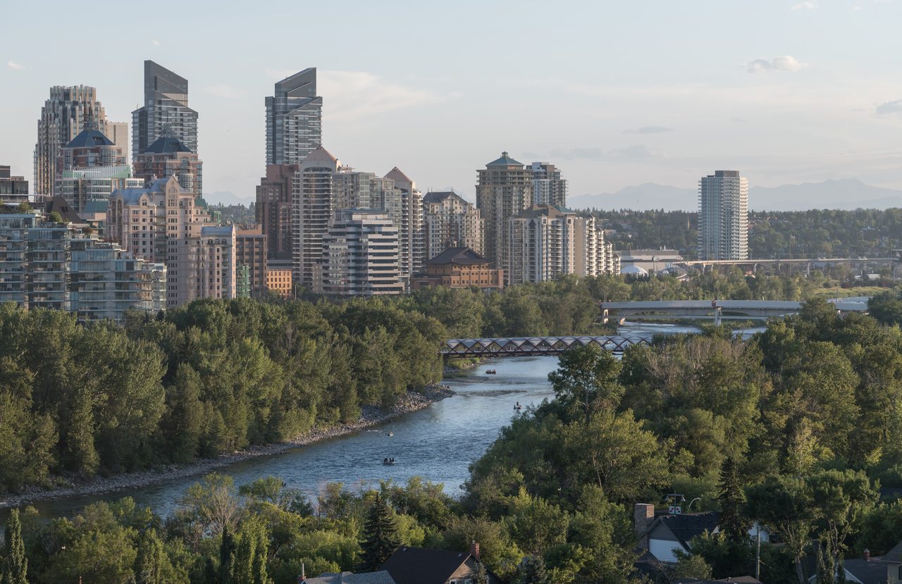 The red helical Peace Bridge by Santiago Calatrava spanning the Bow River in Calgary