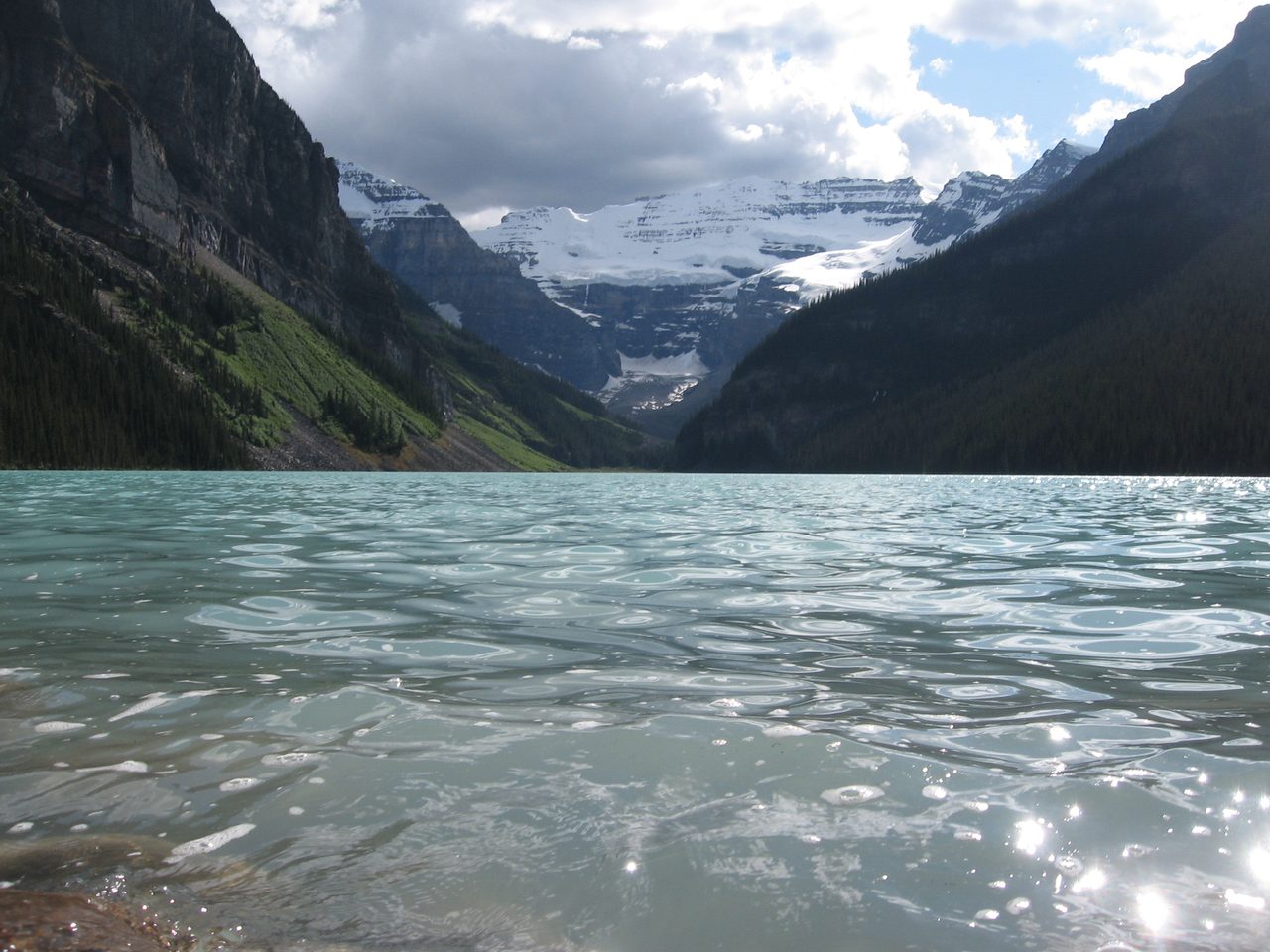 Turquoise Lake Louise with Victoria Glacier hanging above the far shore