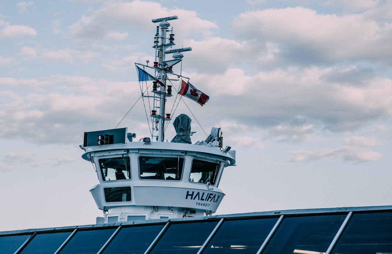 A Halifax Transit harbour ferry boat crossing Halifax Harbour toward downtown