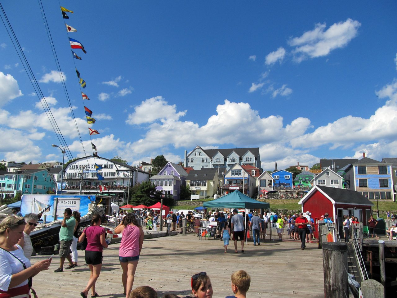 Colourful historic buildings along the Lunenburg waterfront on a sunny summer day