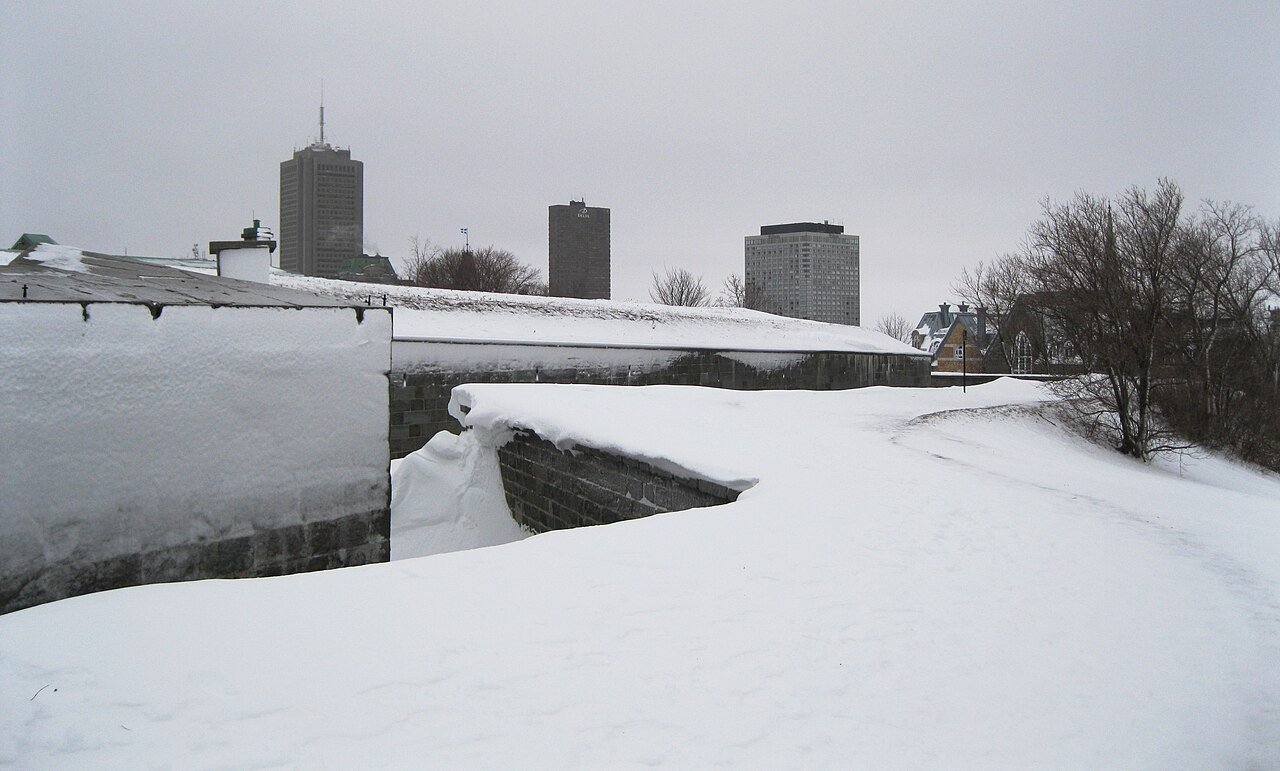 Stone walls and gate of the Citadelle de Québec, the active military fortress above the St. Lawrence River