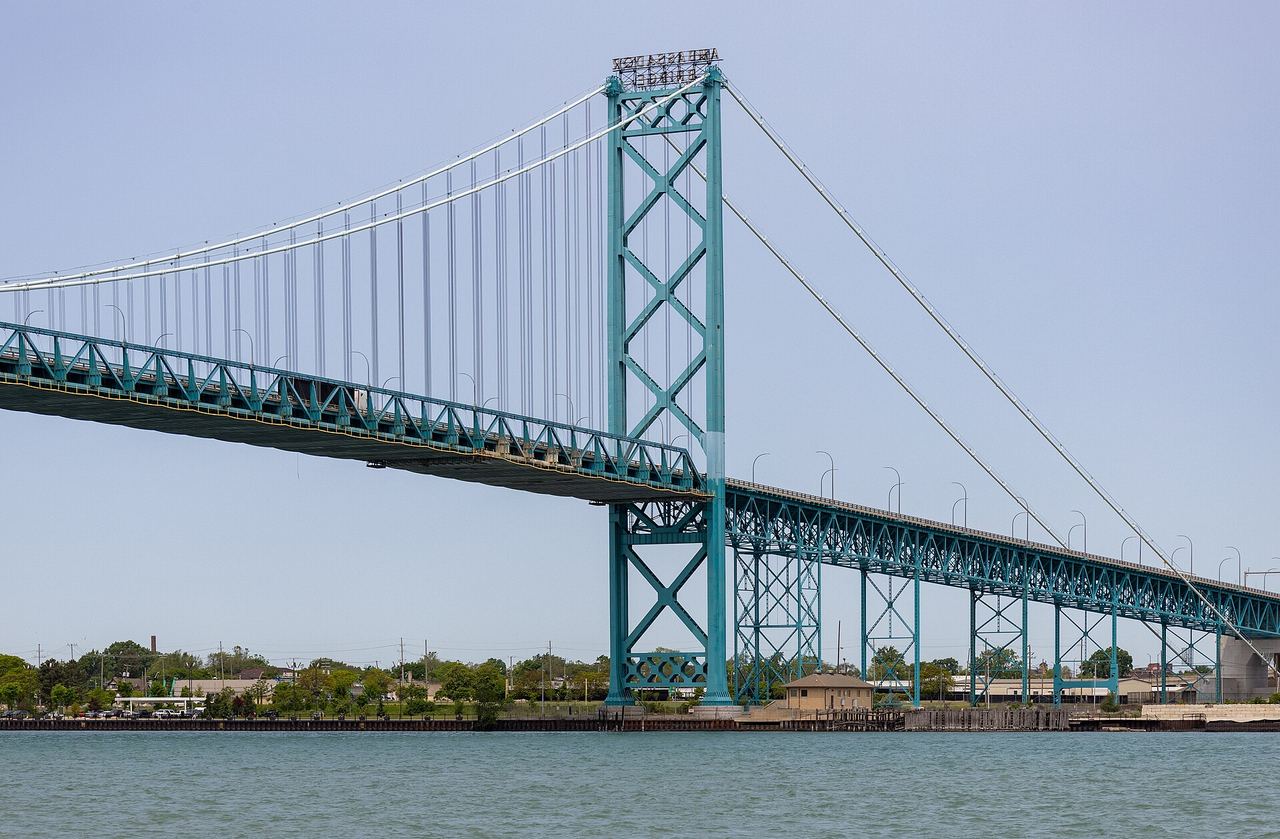 The Ambassador Bridge spanning the Detroit River near Windsor, Ontario, photographed from the riverfront trail