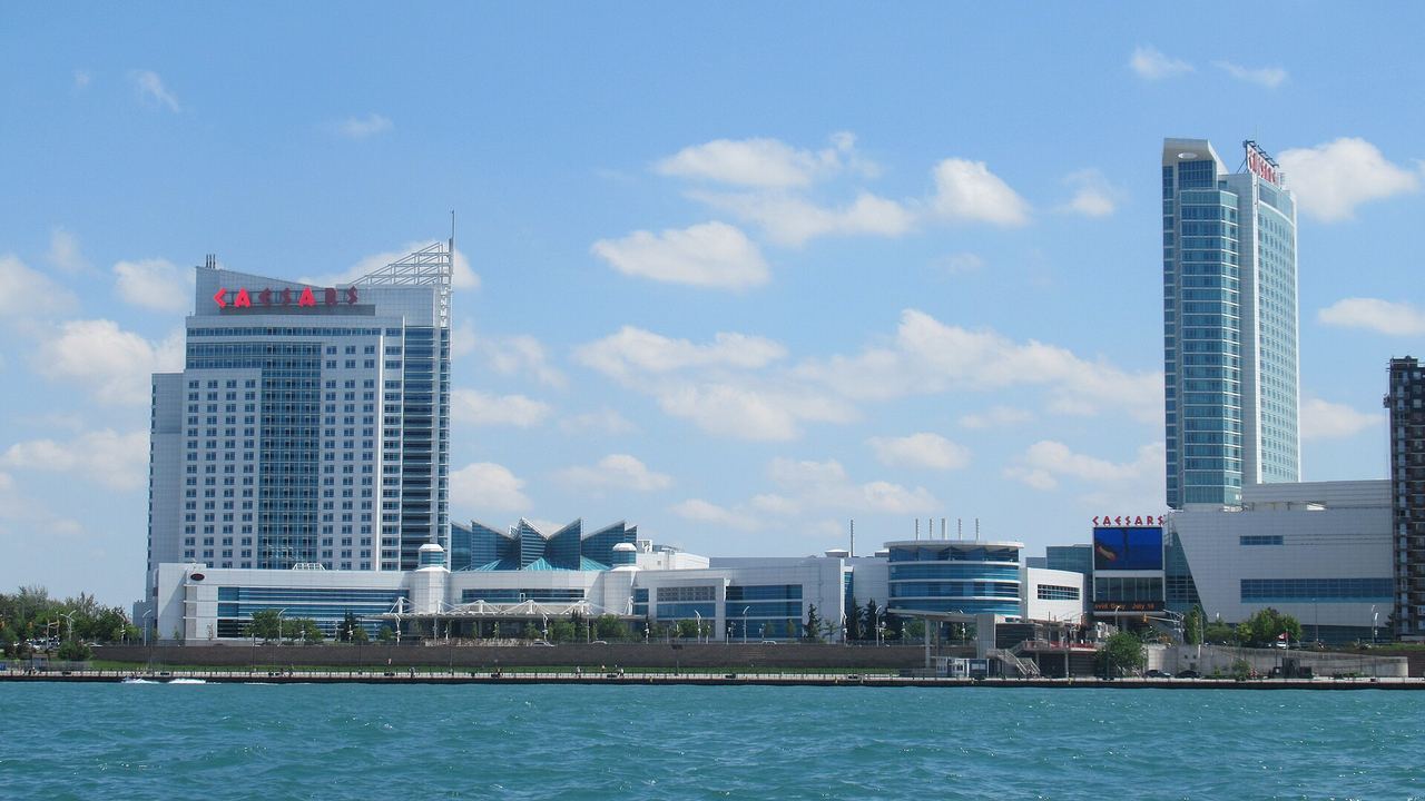 Caesars Windsor resort and casino on the Windsor riverfront, with the Detroit skyline visible across the river