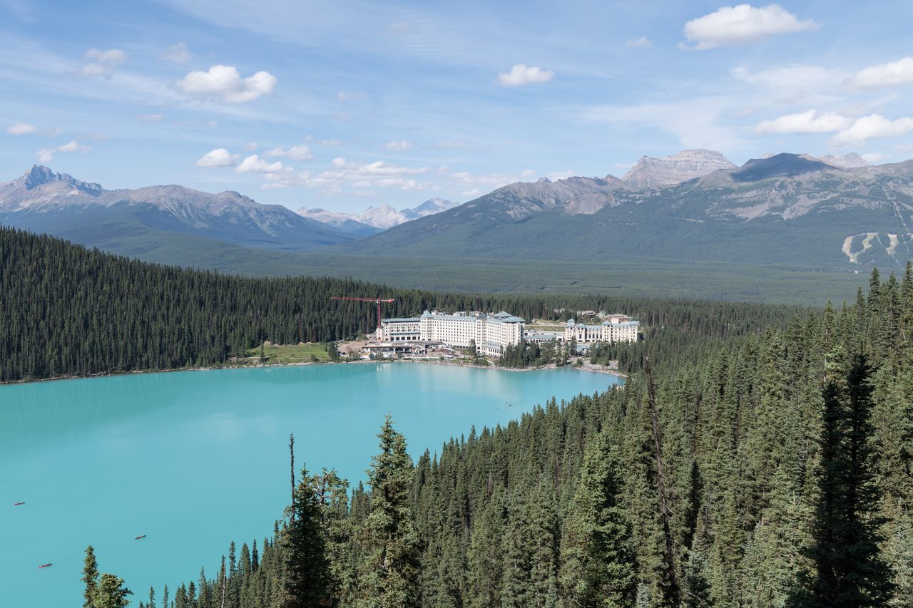 Lake Louise with the Fairmont Chateau Lake Louise at the shore and Victoria Glacier beyond