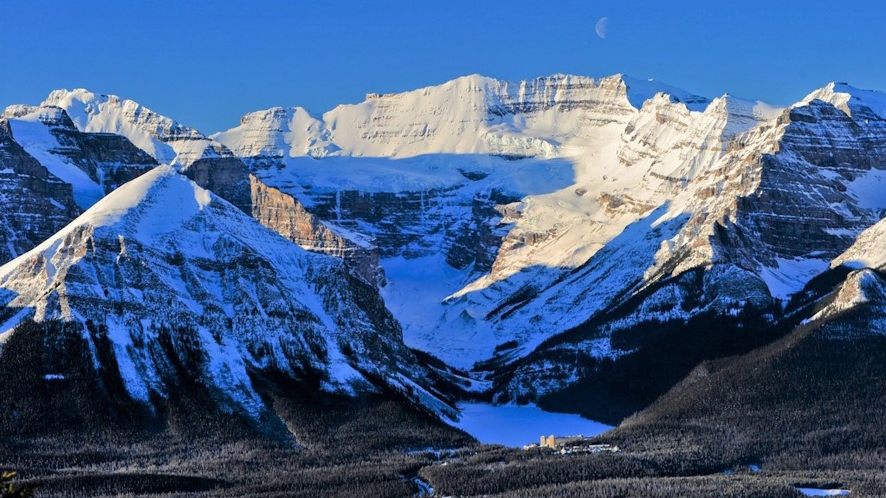 The Lake Louise area seen from the Lake Louise Ski Resort with the Victoria Glacier in the distance