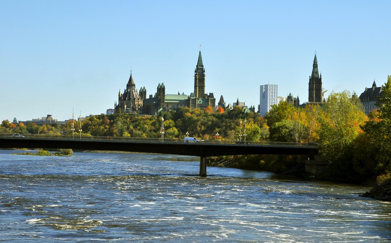 Ottawa skyline with Parliament Hill across the river, seen from the Gatineau waterfront