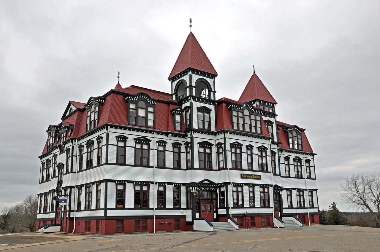 The Lunenburg Academy, a grand Victorian school building with a mansard roof
