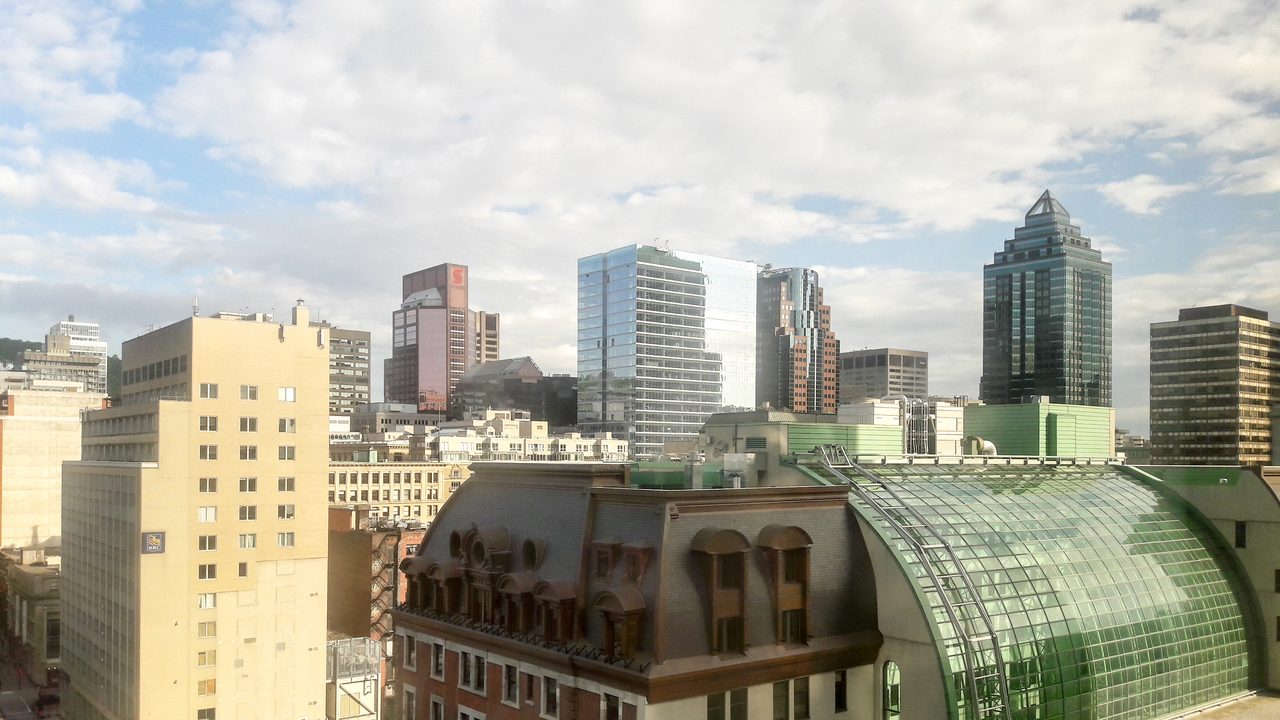 Downtown Montreal skyline with modern towers and Mount Royal rising behind the city