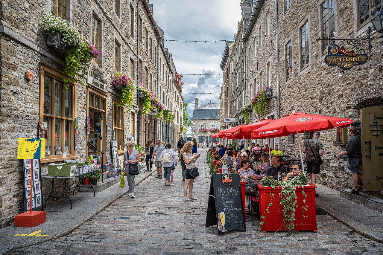 Stone buildings and boutique storefronts along Rue du Petit-Champlain in Lower Town Quebec City