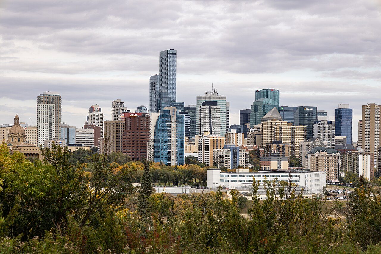 Downtown Edmonton skyline seen from Saskatchewan Drive across the river valley