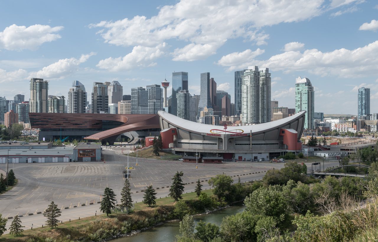 Calgary skyline seen from the Stampede grounds with downtown towers on the horizon