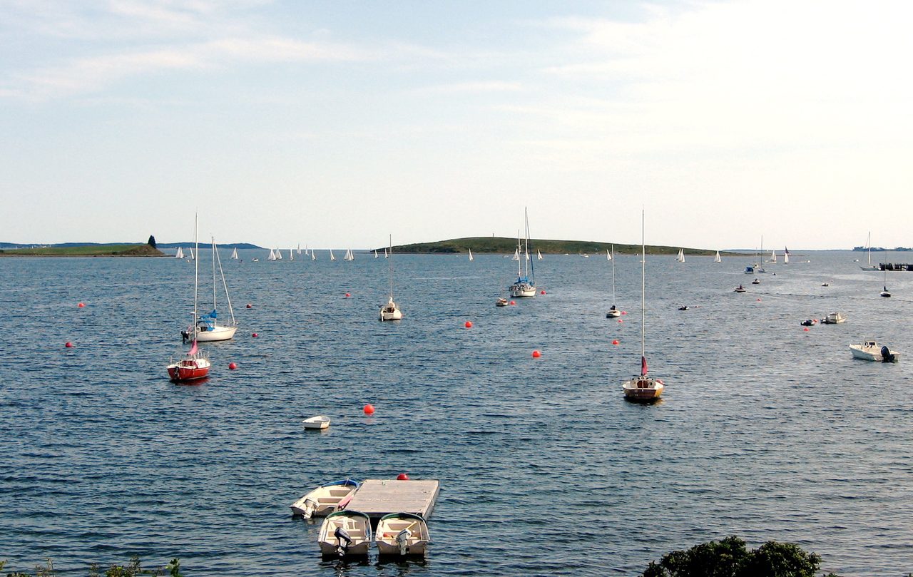 Sailboats and waterfront homes along the harbour at Chester, Nova Scotia