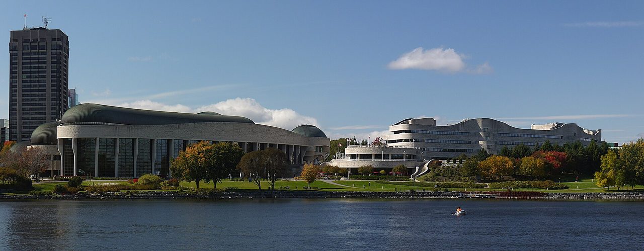 Panoramic view of the Canadian Museum of History on the Gatineau riverfront, with the Ottawa River in front