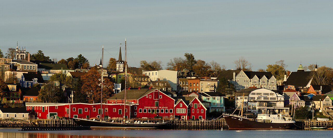 Lunenburg waterfront with the red Fisheries Museum of the Atlantic buildings and moored ships