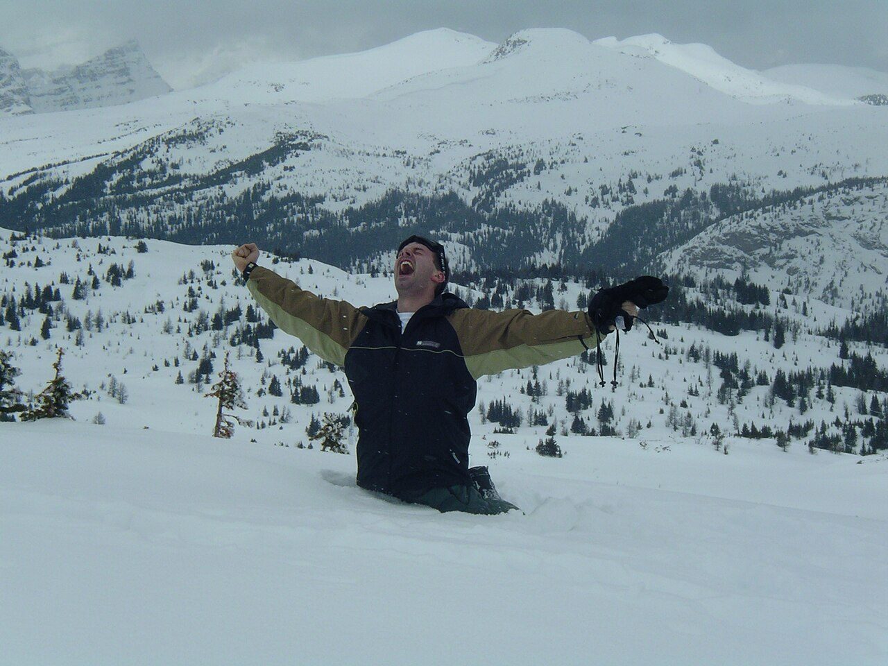 A backcountry visitor celebrating waist-deep in fresh powder snow in the Sunshine backcountry near Banff