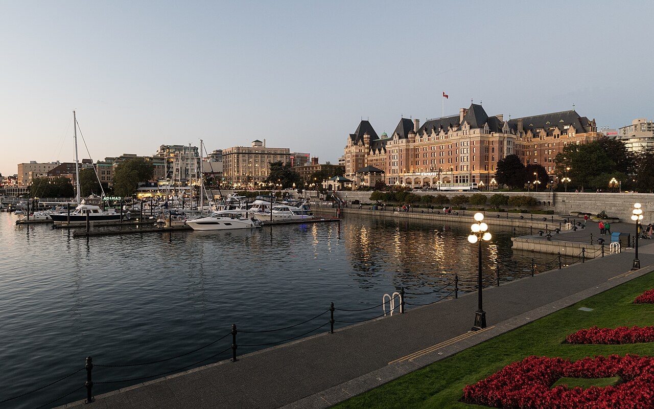 The Empress Hotel and Inner Harbour in Victoria with boats in the foreground