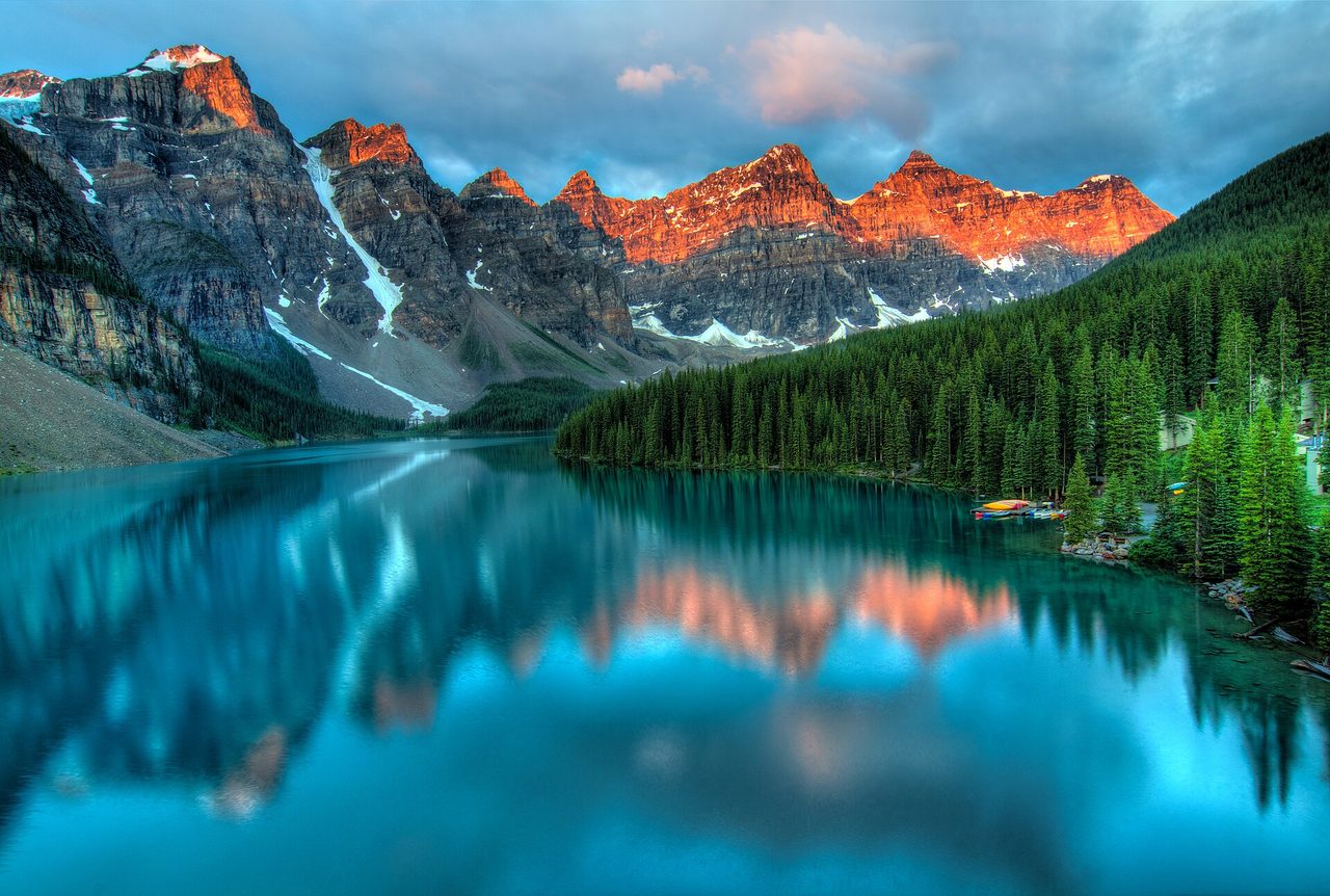 Moraine Lake at sunrise with the Valley of the Ten Peaks reflected in turquoise water, Banff National Park