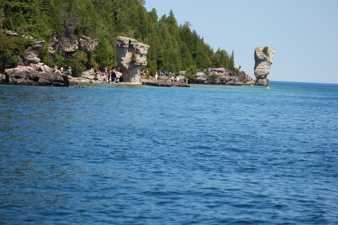 Sea stack flowerpot rock formations on the shoreline of Flowerpot Island near Tobermory