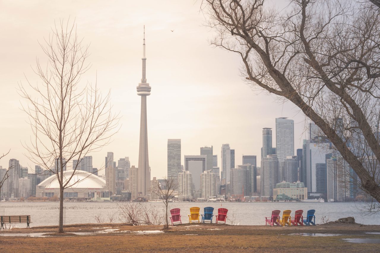 Toronto skyline with the CN Tower seen from the Toronto Islands on a clear day