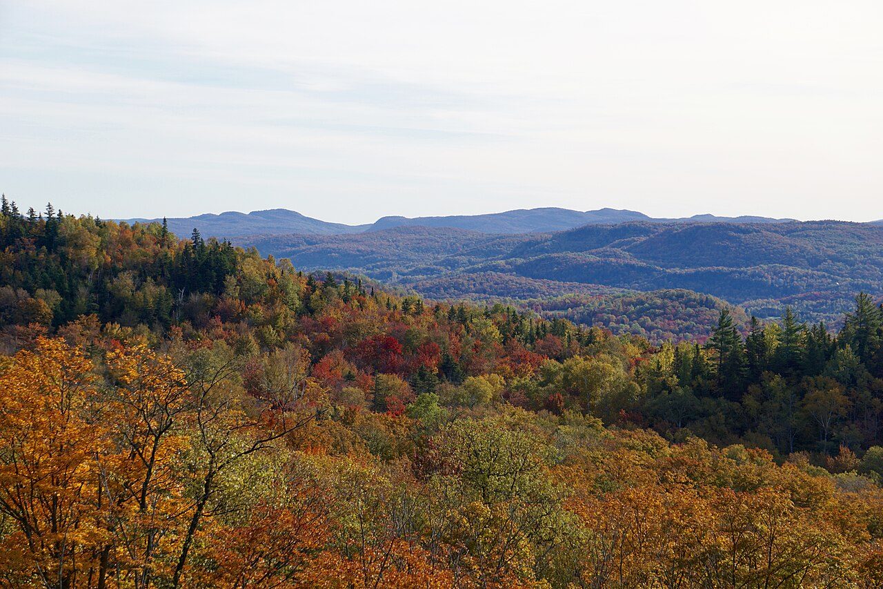 Red and gold autumn foliage covering the slopes of Mont Tremblant, Quebec