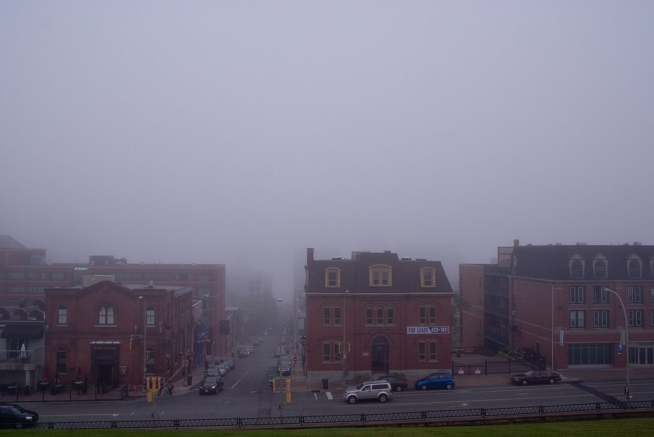 Halifax Harbour shrouded in thick sea fog, viewed from Citadel Hill