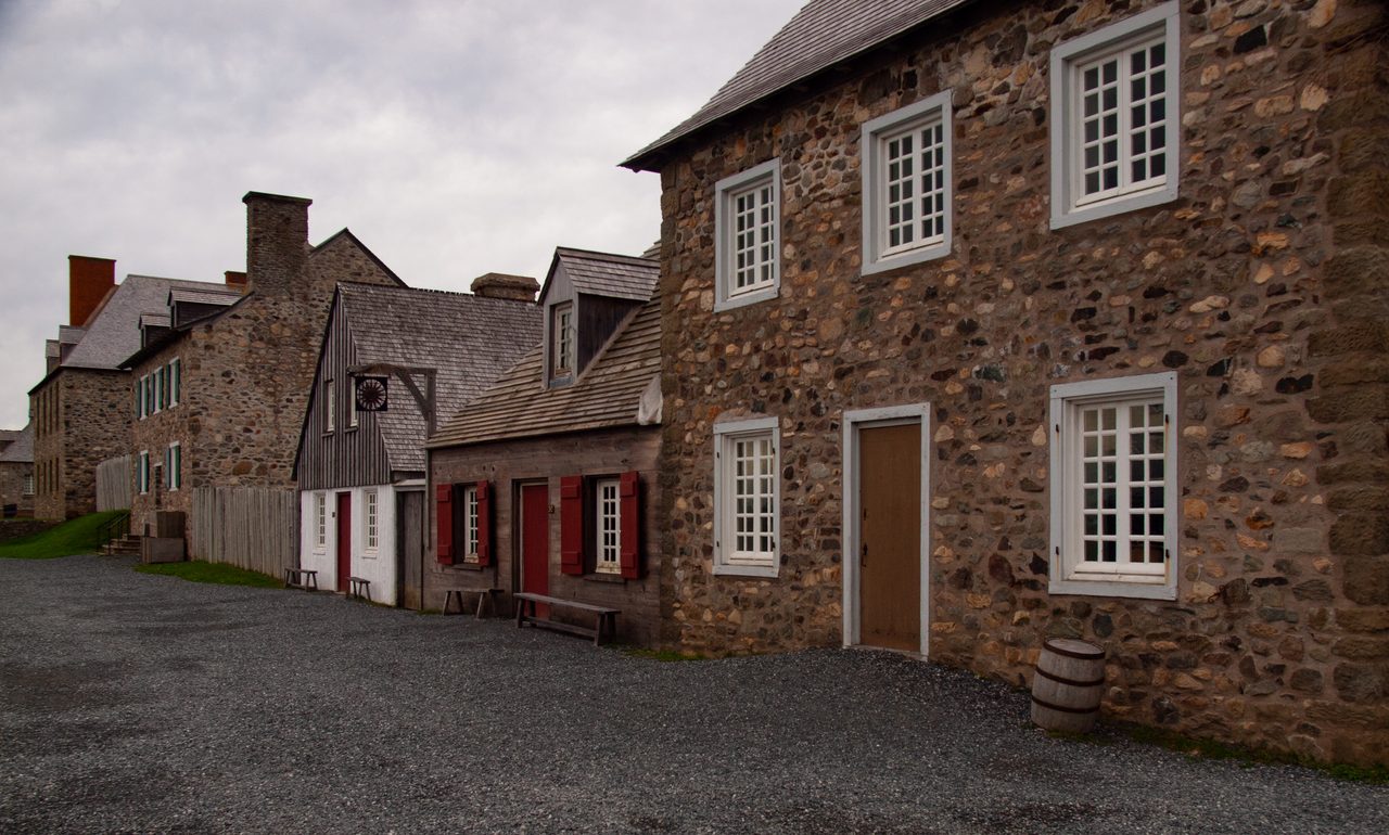 Stone fortifications and 18th-century buildings at the Fortress of Louisbourg on Cape Breton Island