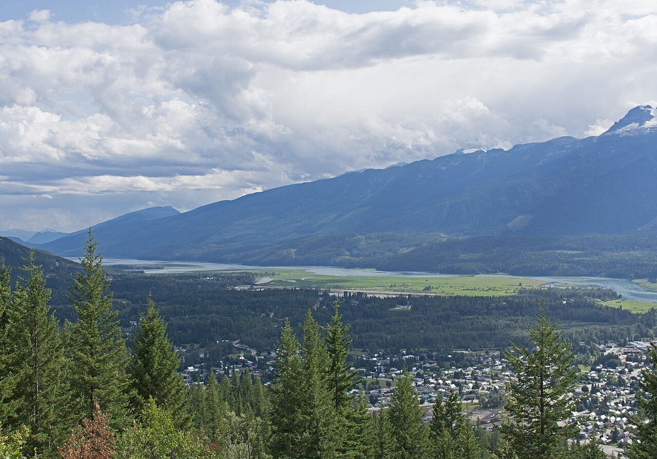 View over Revelstoke and the Columbia River valley from the Meadows in the Sky Parkway on Mount Revelstoke
