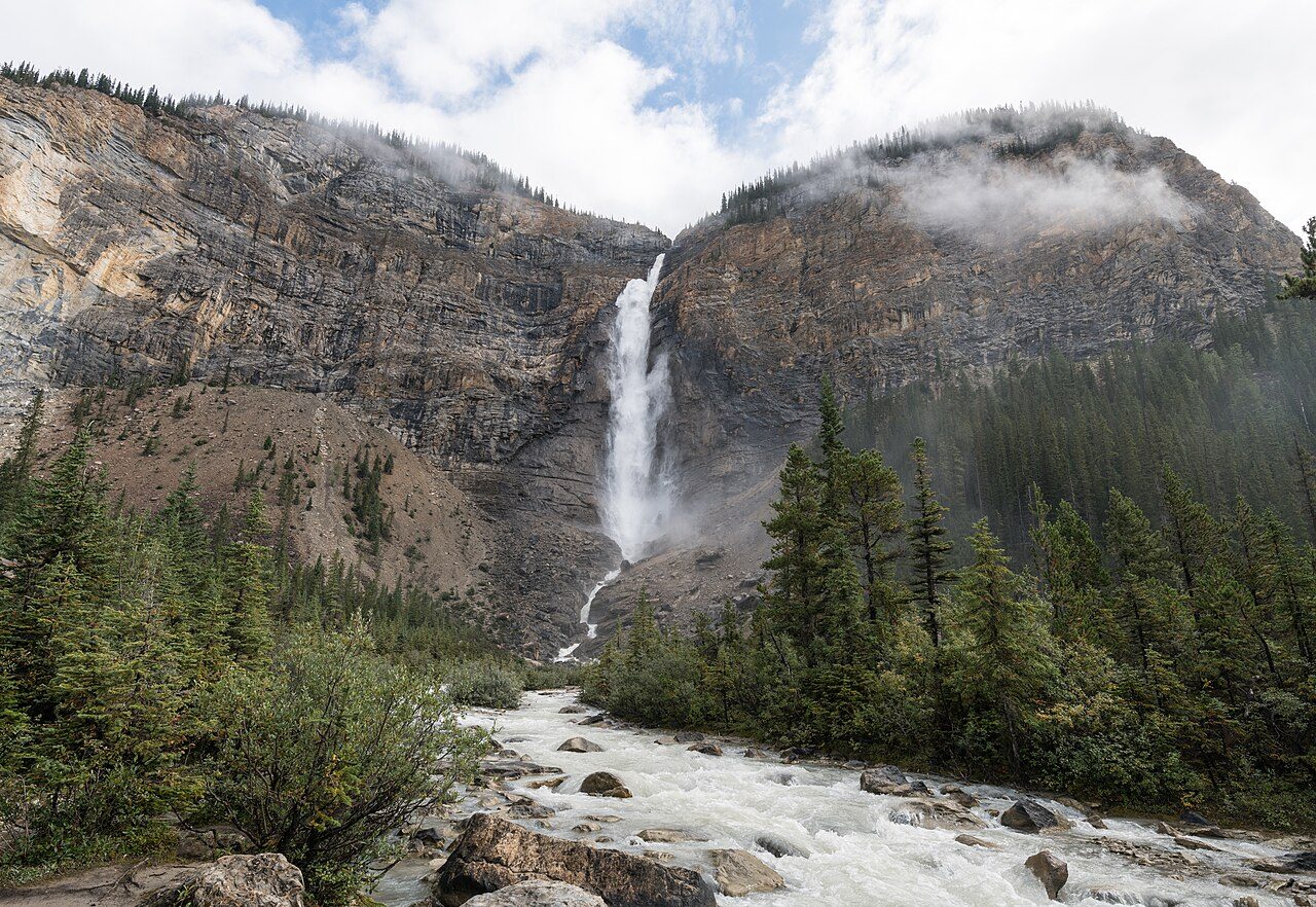 Takakkaw Falls plunging down a sheer rock face in Yoho National Park